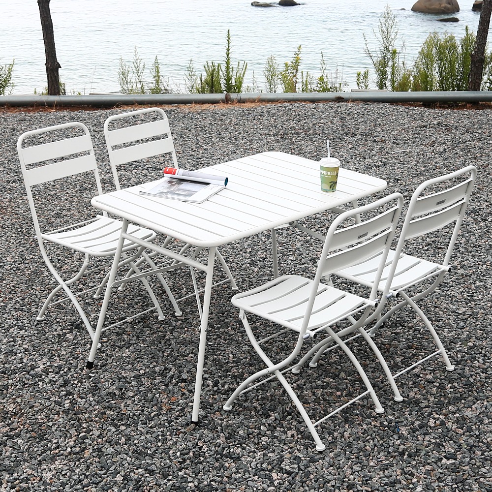 영가구바젤 화이트 야외 카페 테라스 4인용 철제 접이식 테이블 의자 세트