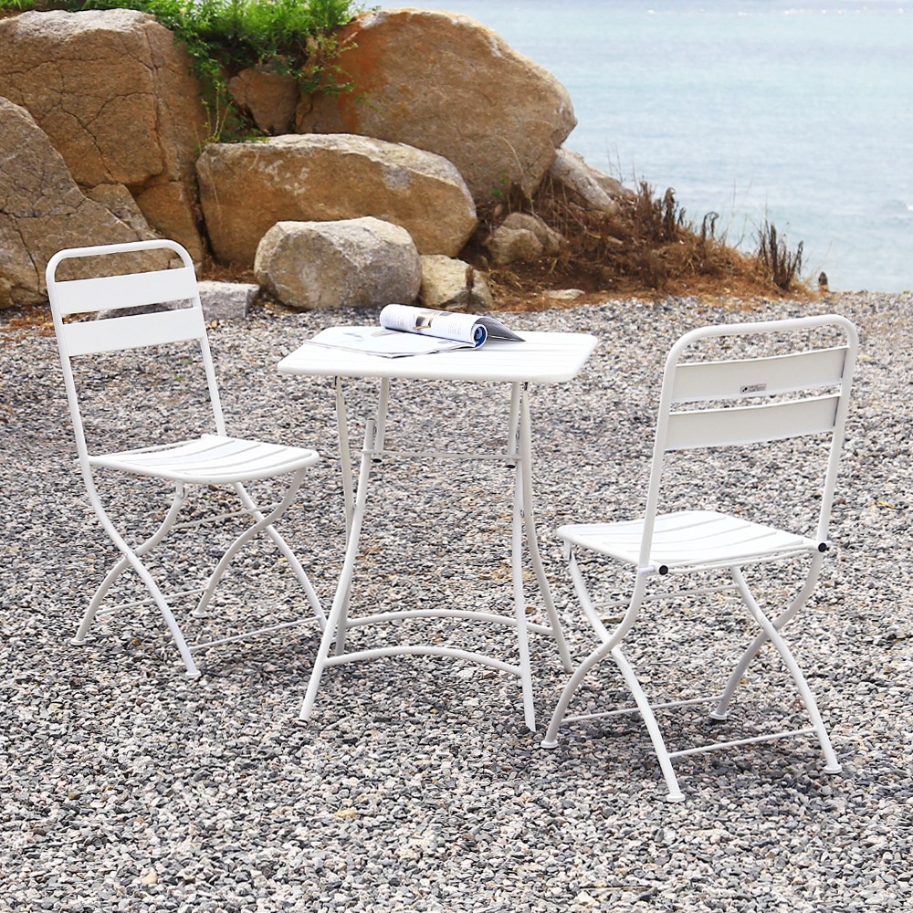 영가구바젤 화이트 야외 카페 테라스 2인용 철제 접이식 정사각 테이블 의자 세트